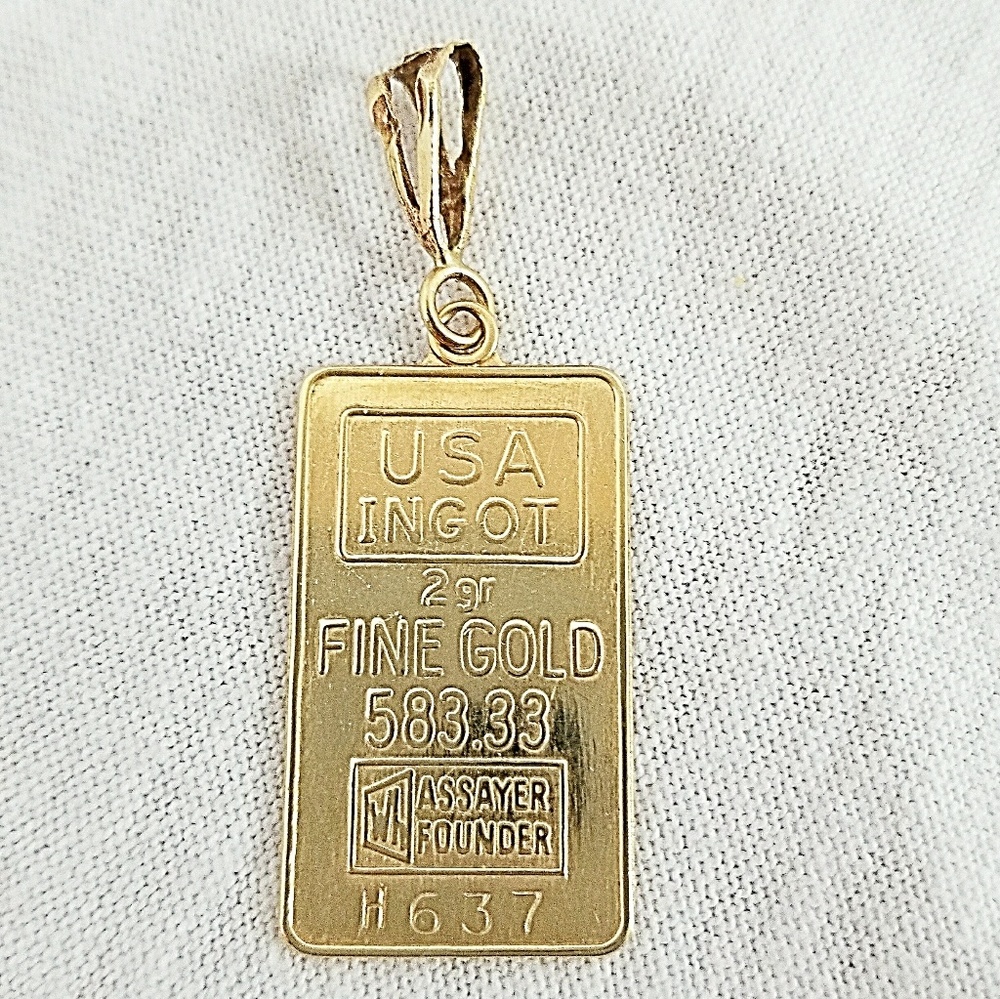 14kt Yellow Gold USA 2 Gram Ingot Pendant - Picture 2 of 8